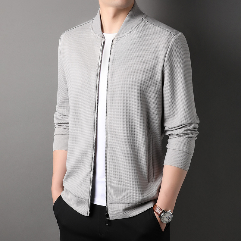 华夫格休闲套装男运动两件套春秋季棒球领长袖卫衣外套潮流长裤 灰色（纯色款上衣） 170/M