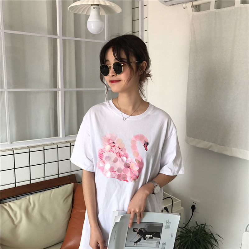 洛芊春装2018新款韩版彩色亮片印花t桖女宽松显瘦中长款上衣打底衫