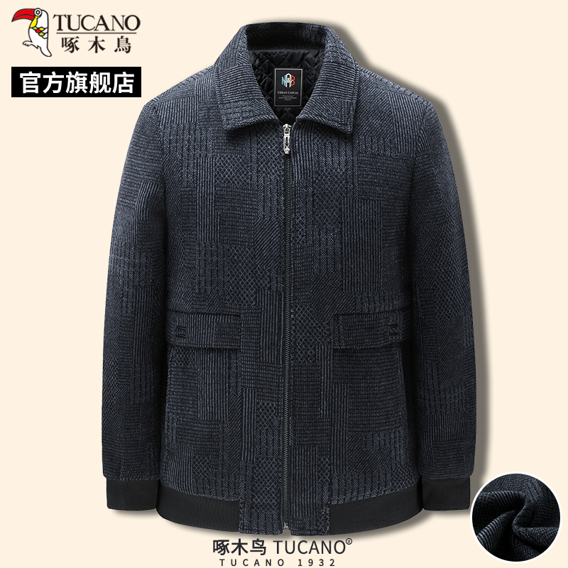 啄木鸟冬季新款男士中年呢子大衣爸爸装保暖夹克外套加棉上衣服衣高清大图