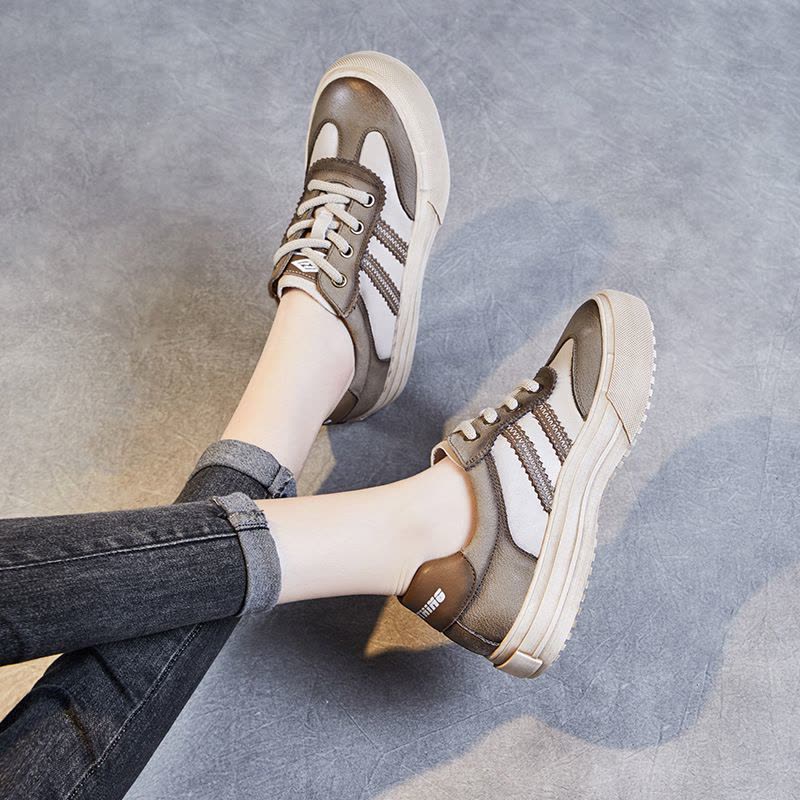 真皮复古手工鞋子女牛皮拼色休闲鞋森系系带德训鞋24春运动休闲鞋图片