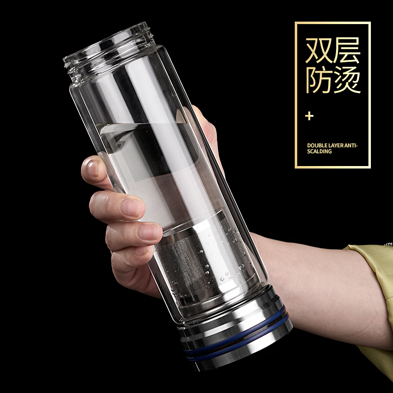 美帮汇双头带盖茶水分离泡茶杯双层玻璃杯创意便携随手耐热男女水杯子高清大图