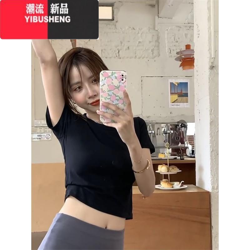 YIBUSHENG白色短款T恤女季短袖辣妹圆领纯色高腰露脐修身型弹性上身高清大图