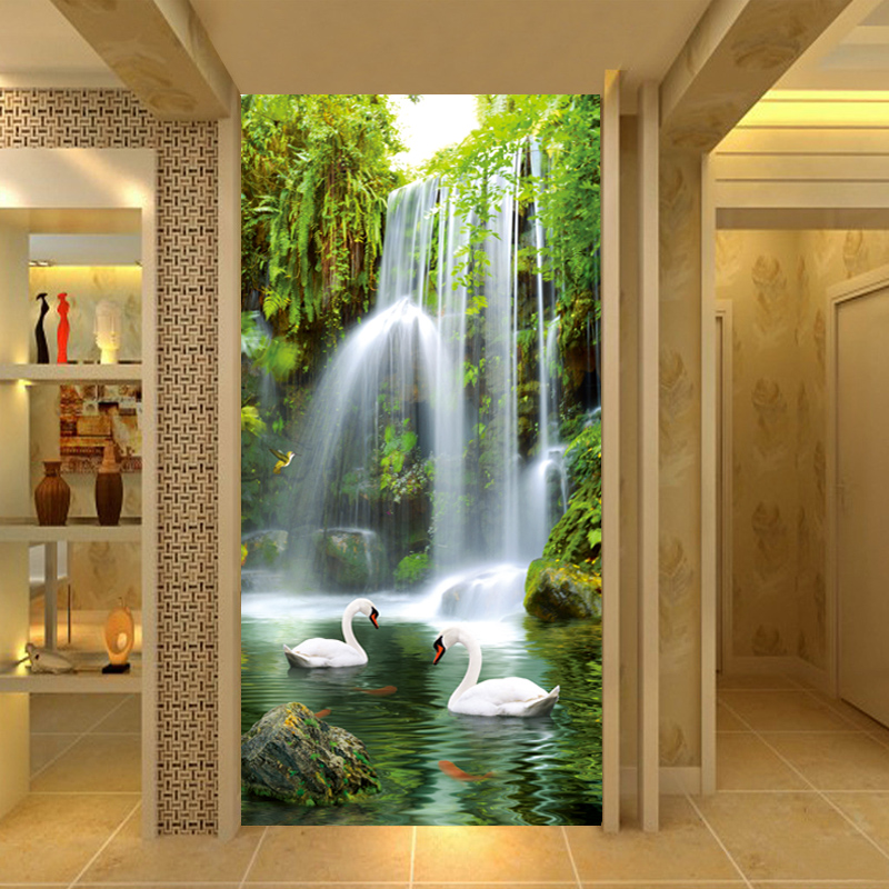 大型壁画3d立体定制电视背景墙壁纸客厅墙纸玄关简约瀑布风景天鹅壹德