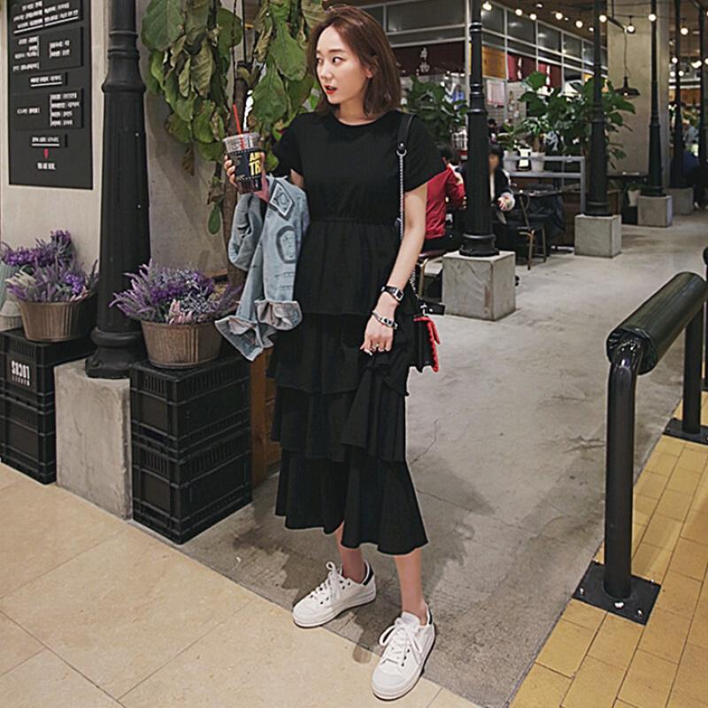 夏季韩国学院风高腰显瘦短袖层层连衣裙女修身气质长裙