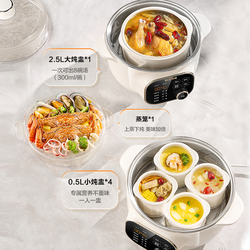 苏泊尔(SUPOR)电炖锅电炖盅一锅五胆4.5L总容量陶瓷内胆上蒸下炖燕窝隔水炖24小时预约2-5人DZ25YC876高清大图