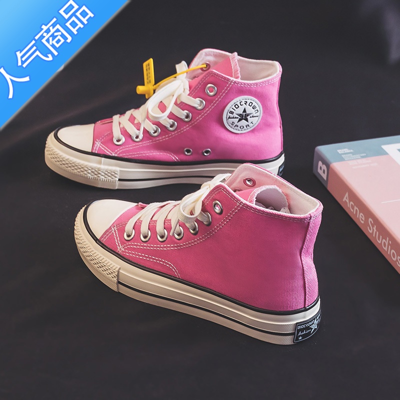 SUNTEK2023夏季新款玫红色高帮少女粉色帆布鞋女平底百搭经典ins休闲潮高清大图