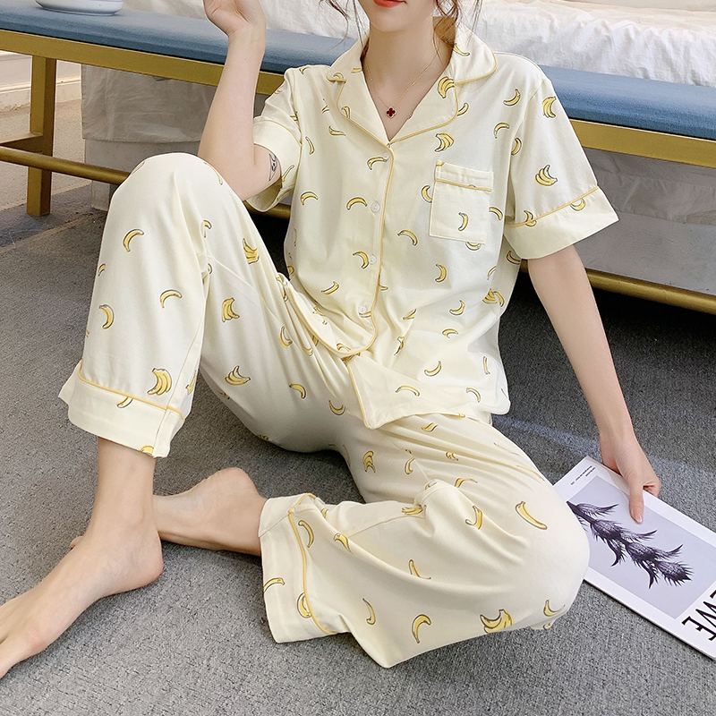 韩版夏季香蕉裙睡衣短袖套装翻领女生睡衣家居服