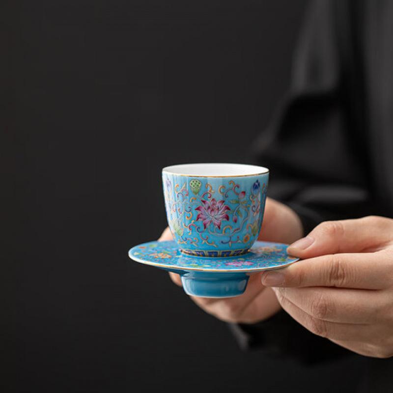 苏氏陶瓷(SUSHI CERAMICS) J1059 珐琅彩缠 莲枝品茗杯 60ml (单位:个) 蓝色