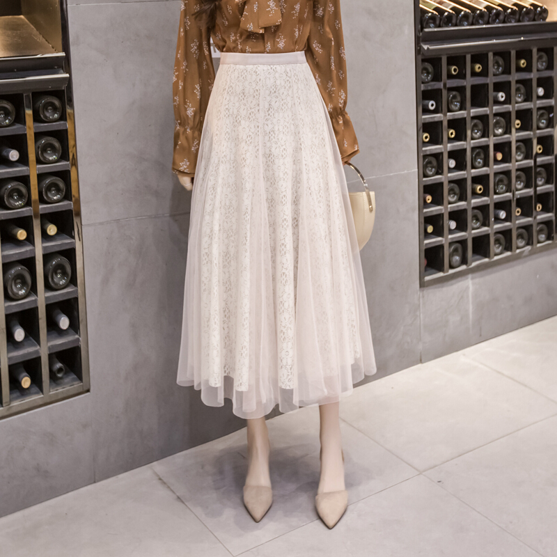 纱裙2018春季新款韩版高腰中长款蕾丝网纱a字半身裙女百搭百褶裙