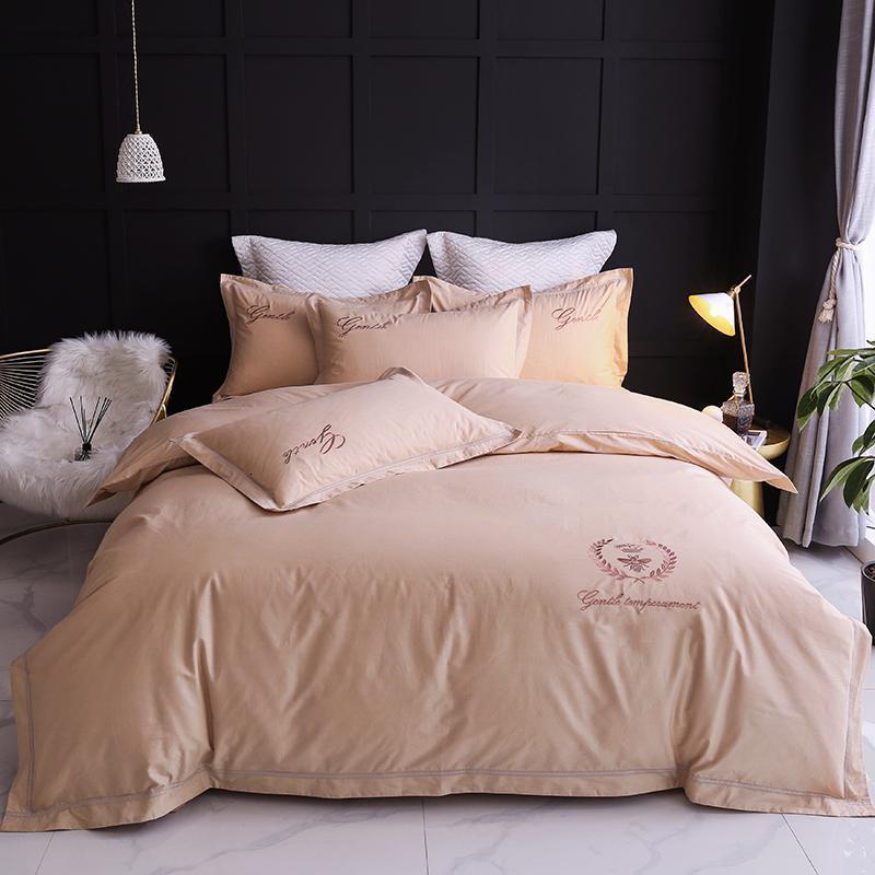 美帮汇北欧简约现代四件套全棉全棉欧式床单被套床上用品床笠三件套 梵梦-香槟金 2.0m床【适合220×240cm被套】床单款四件套