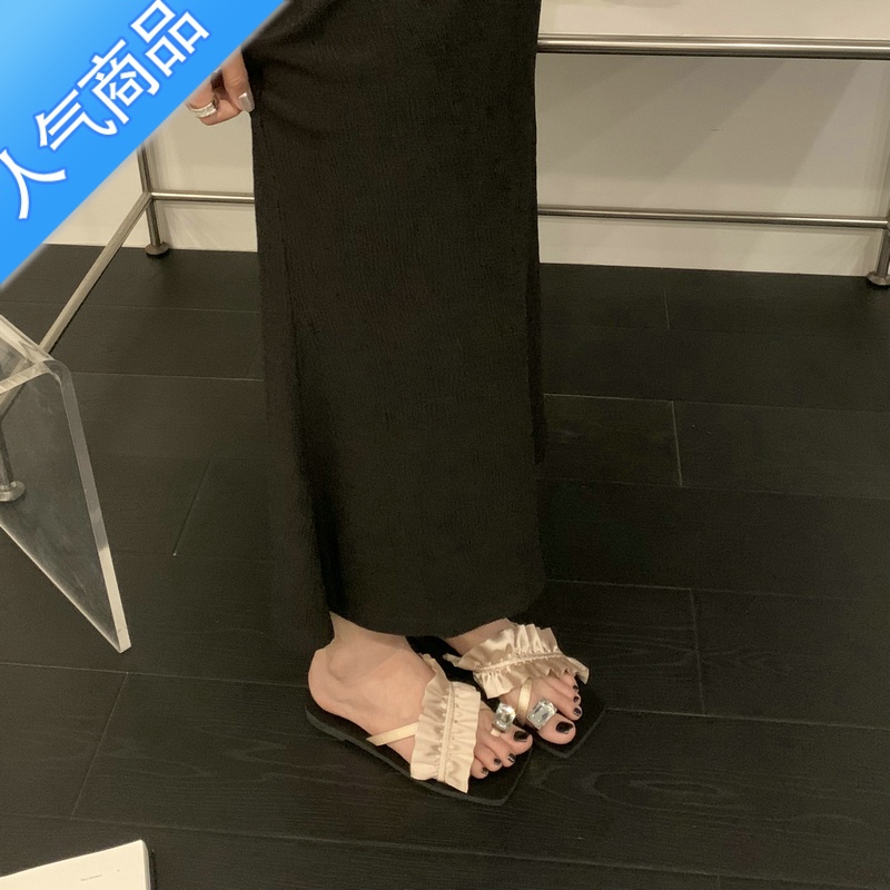 SUNTEK2023夏配裙子小众高级感交叉云朵水钻气质套趾平底拖鞋沙滩凉鞋裙高清大图