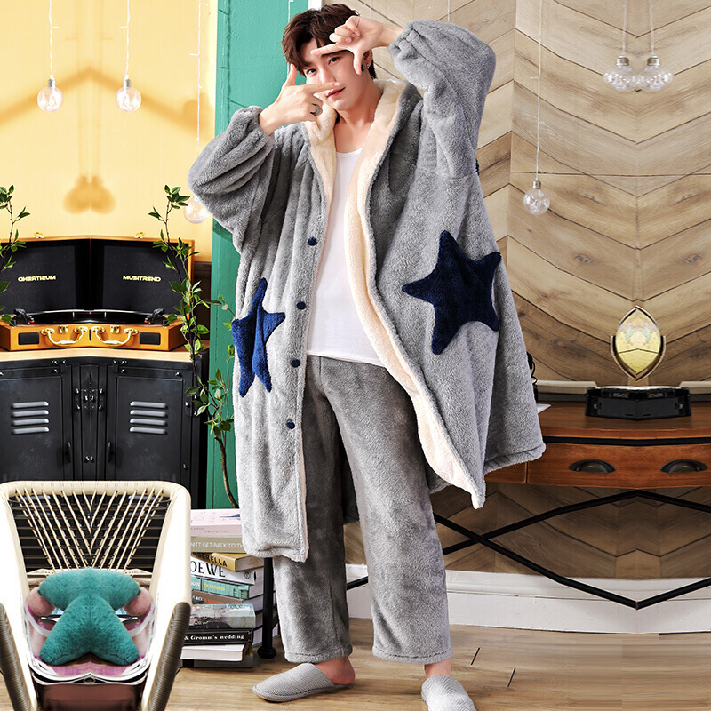 波迷娜bomina男士睡袍男款浴袍珊瑚绒法兰绒男式保暖星星睡衣