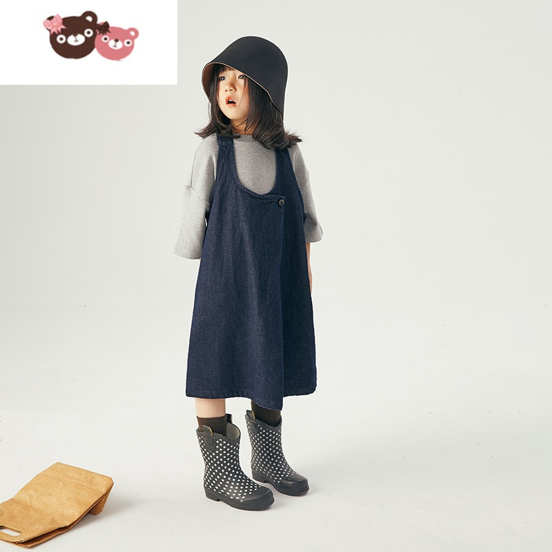 绿彩虹光儿童连衣裙牛仔背带裙新款2022洋气中大童潮女童高端小众裙子