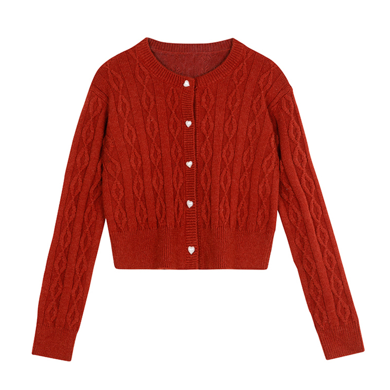 suntek圣诞红色毛衣女针织开衫复古超软糯毛针织衫麻花短款圆领慵懒风