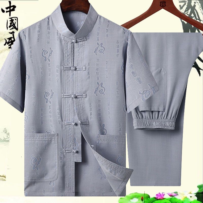 中老年人唐装短袖老人衣服爷爷装休闲套装中国风男士上衣爸爸诺妮梦