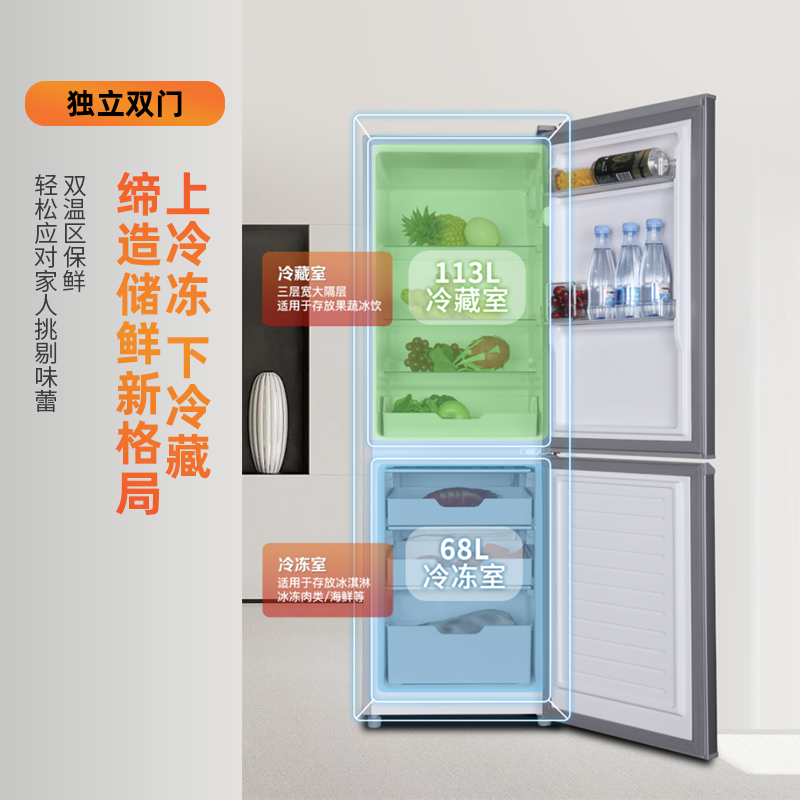 上菱 181升双门冰箱 低温补偿 节能低音 持久锁冷保鲜 冷藏冷冻小型家用两门电冰箱 BBM181L(铂银)