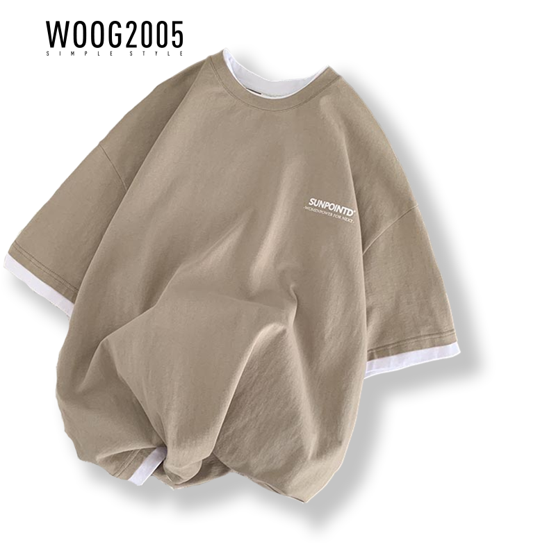WOOG2005假两件t恤男宽松简约圆领短袖上衣ins港风嘻哈夏季情侣装