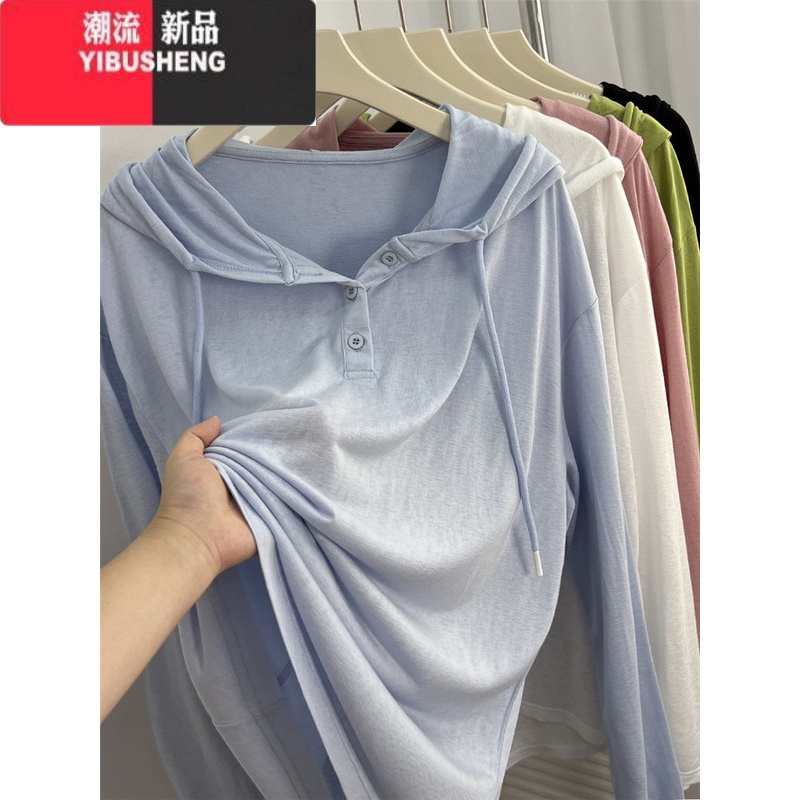 YIBUSHENG慵懒轻薄 凉感冰丝连帽防晒长袖t恤女韩版宽松休闲空调套头罩H高清大图