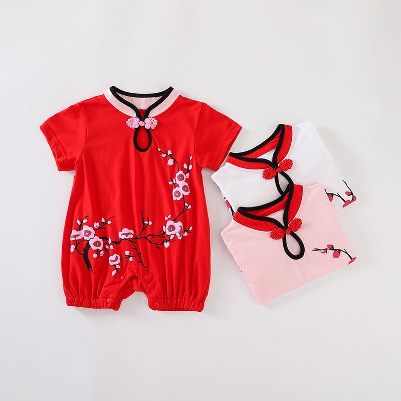婴儿夏季衣服女宝宝连体衣纯棉短袖新生儿衣服夏季薄款中国风汉服梅花