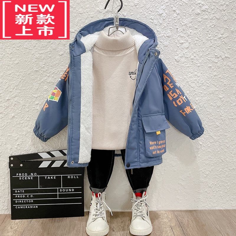 可莉允男童风衣2022冬季新款洋气韩版宝宝上衣儿童加绒加厚冬装棉衣外套棉服图片