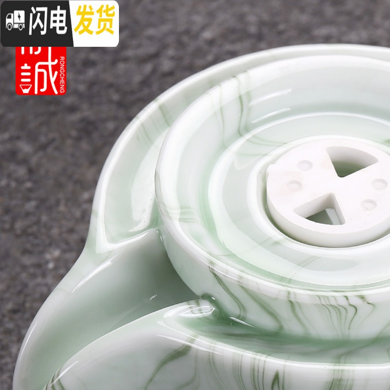 三维工匠陶瓷功夫茶具套装家用懒人泡茶半全自动出水石磨冲茶器茶壶茶杯 自动茶具[麒麟]孔雀绿