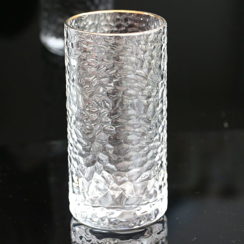 日式锤纹玻璃杯子客厅水杯家用杯子果汁杯早餐杯金边杯