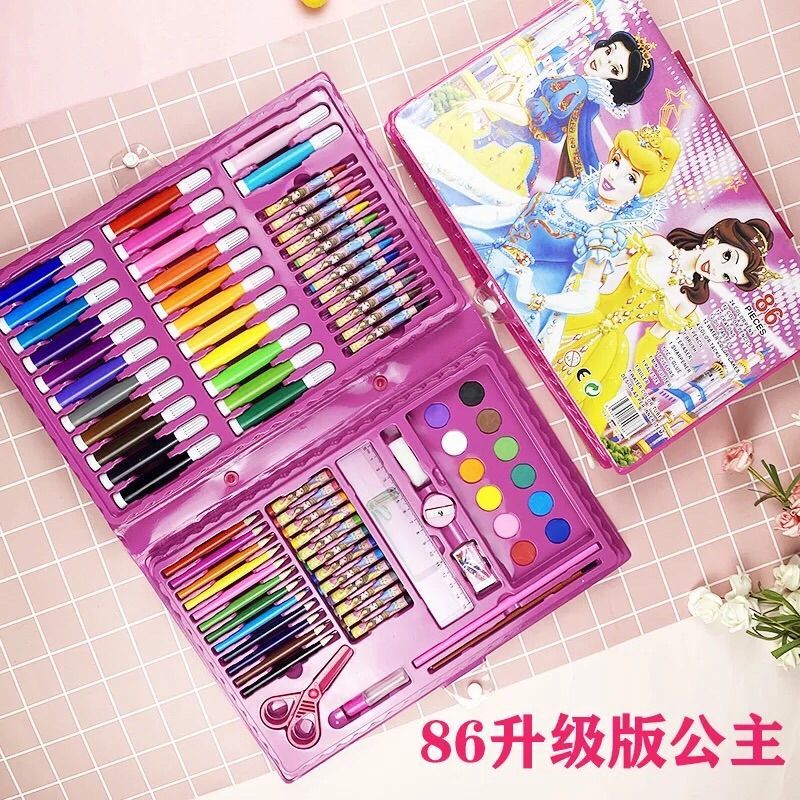儿童水彩笔绘画套装礼盒画笔蜡笔铅笔幼儿园礼物小学生美术用品|86升级款红色+送一画本