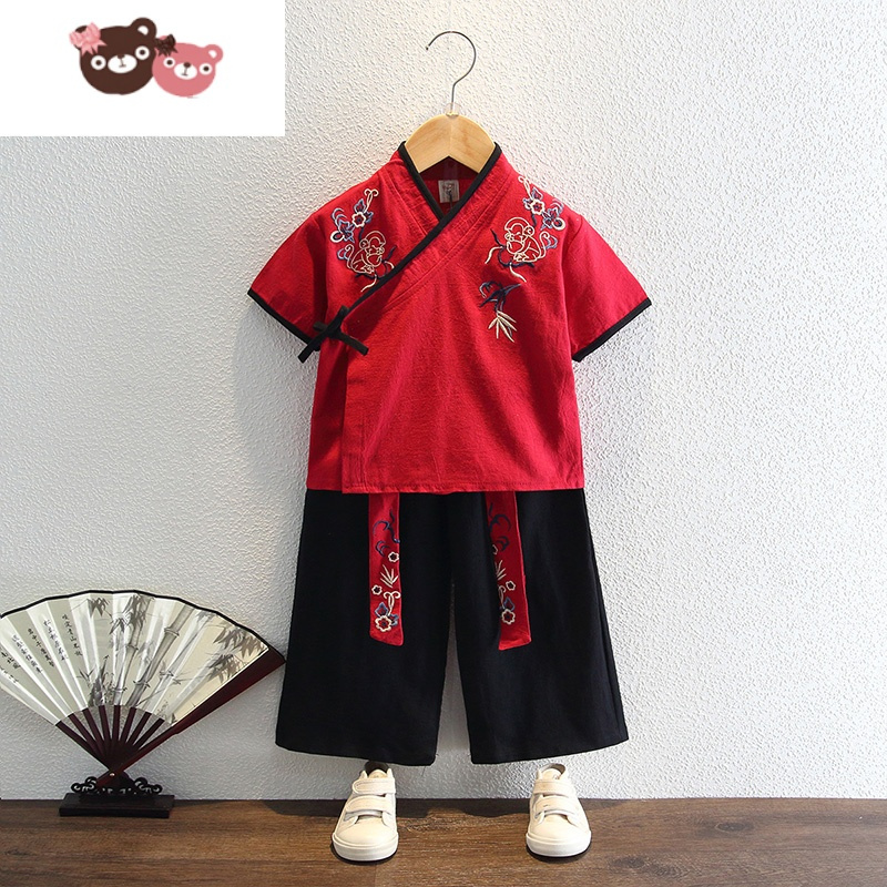 绿彩虹光汉服男童古风夏季短袖唐装两件套古装公子少爷服儿童中国风表演服演出服