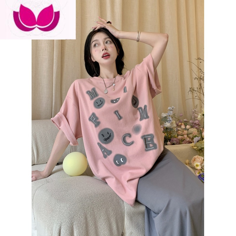 七斓seoul韩系爱心字母印花宽松慵懒t恤女休闲oversize女夏季短袖上衣