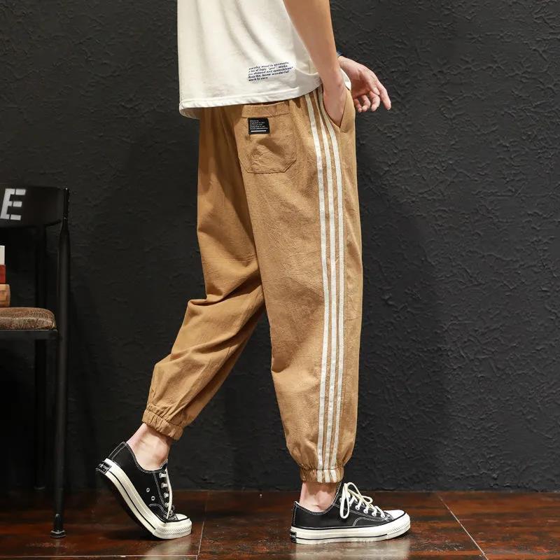 夏季休闲裤子男大码九分裤条纹日系宽松束脚裤运动亚麻潮流棉麻裤 莎丞