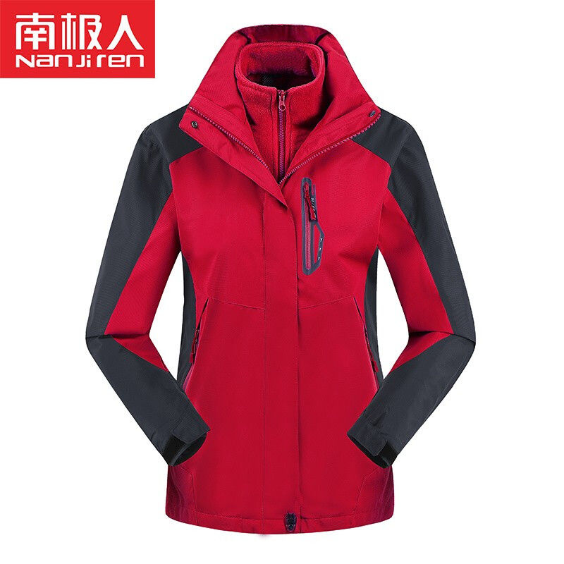 冲锋衣男女装三合一可拆卸秋冬加厚防风防水外套户外登山服 女款大红色+可拆卸抓绒内胆 3XL