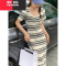 YIBUSHENG胖妹妹方领条纹短袖针织连衣裙女春2024新款宽松中长款T恤裙子
