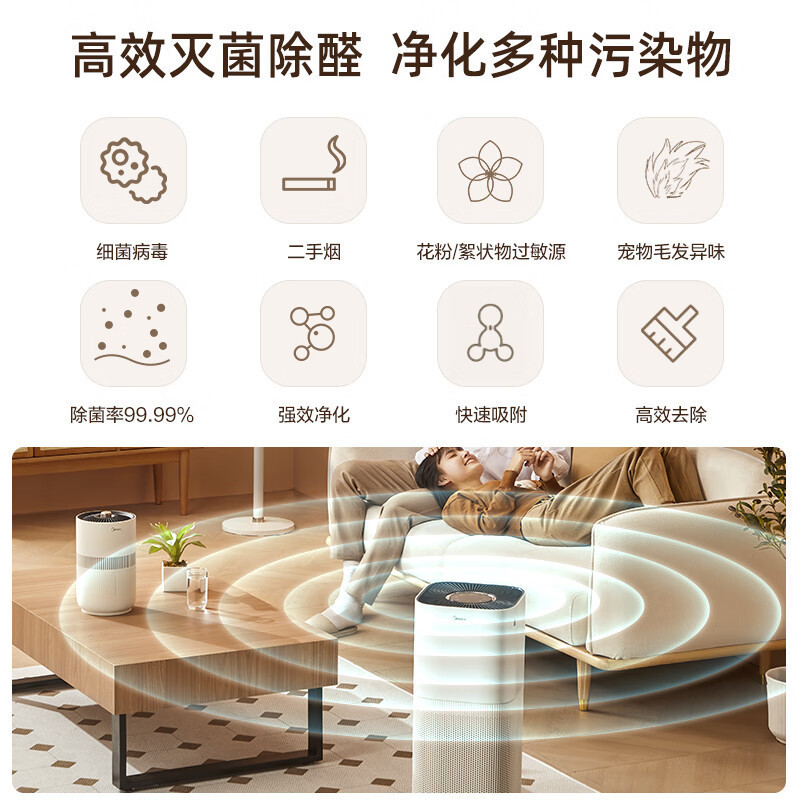 美的(Midea)空气净化器卧室专用 专业级除甲醛除菌除异味 99.9%除菌率 负离子室内净化机 KJ500G-F11高清大图