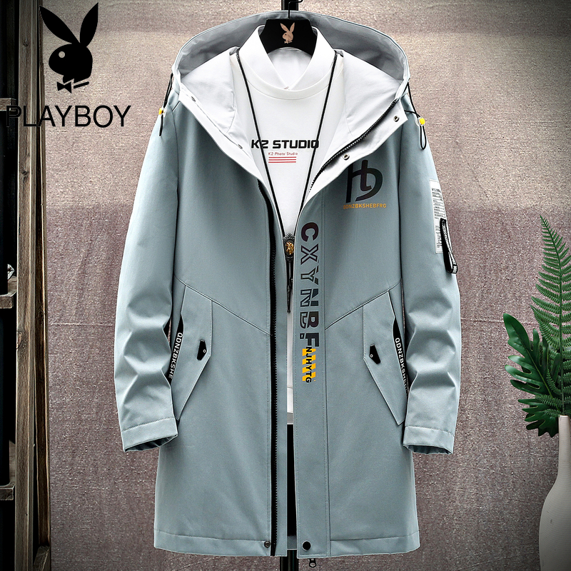 花花公子男士夹克中长款风衣2021新款韩版潮流连帽外套休闲上衣服 U374浅蓝 175
