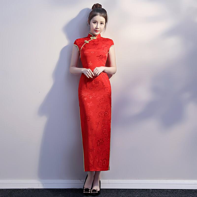 礼仪服装女迎宾小姐服秋冬季长袖裙红色长款酒店剪彩旗袍敬酒礼服