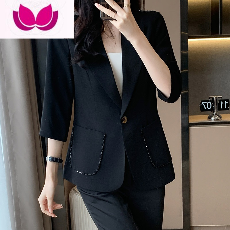 七斓白色小西装外套女2023夏季薄款设计感气场强大职业休闲小西服套装