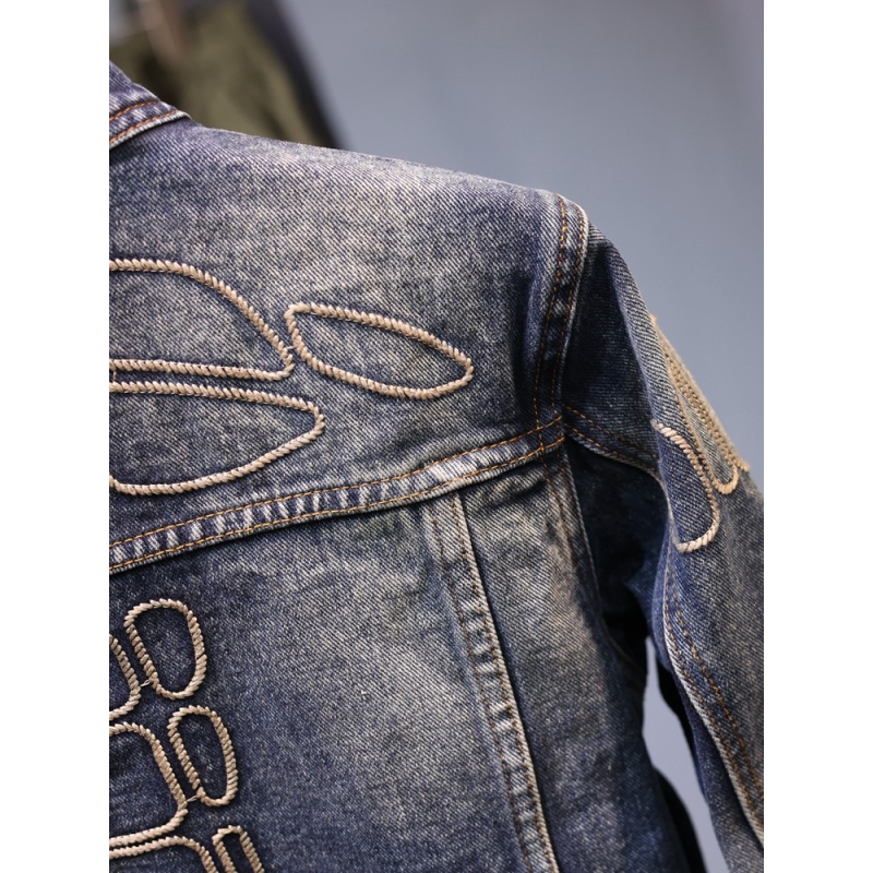 青年牛仔外套男秋冬新款复古做旧夹克上衣宽松街头牛仔衣高清大图