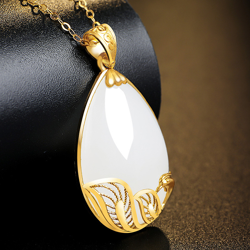 印象眸足金镶和田玉吊坠黄金镶羊脂白玉凤凰水滴女款玉石挂件附送证书