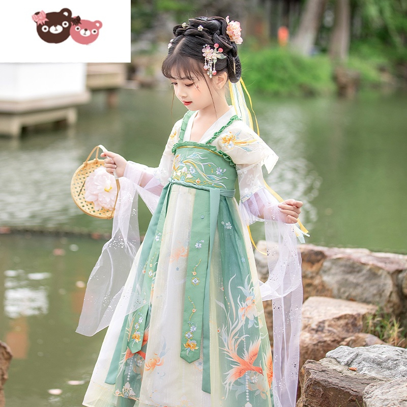 绿彩虹光汉服女童夏季薄款短袖唐装襦裙超仙夏款中国风儿童新款公主童装女裙子