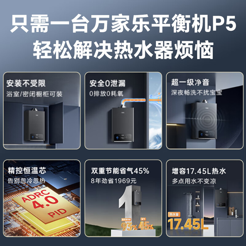 万家乐平衡式燃气热水器P5R1 升级4.0精控恒温浴室开放厨房厨柜均可安装 双重节能45% 13L高清大图