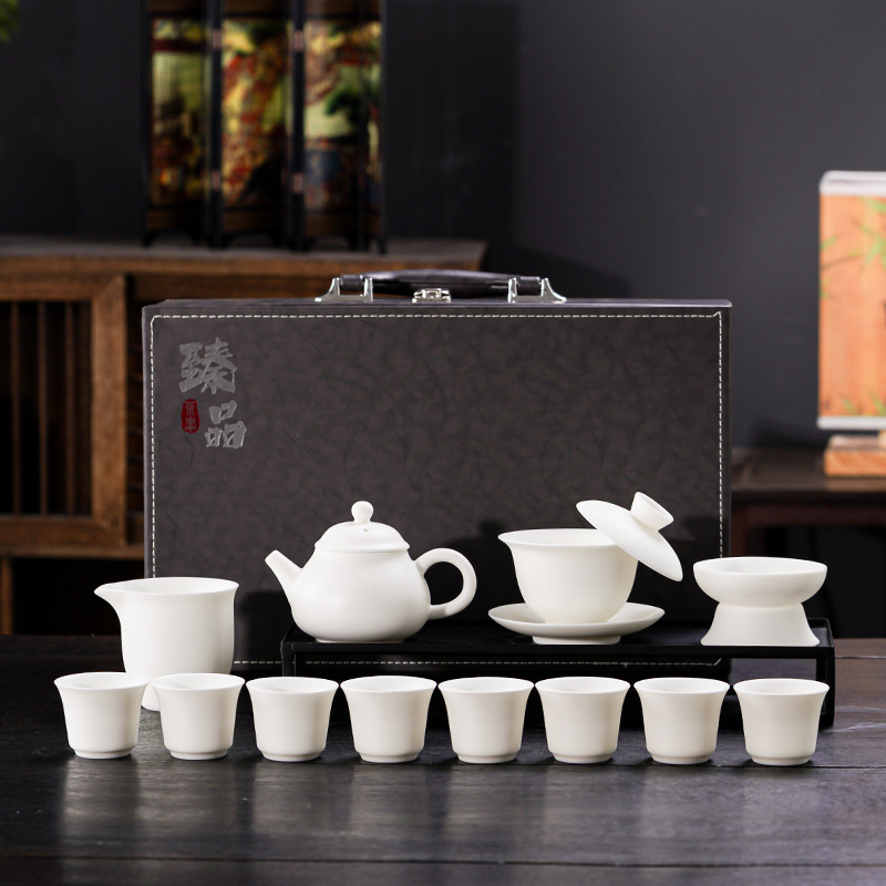 华普思高档轻奢德化羊脂玉陶瓷功夫茶具套装一整套盖碗茶壶年会伴手礼品 13头纯白马蹄杯套装