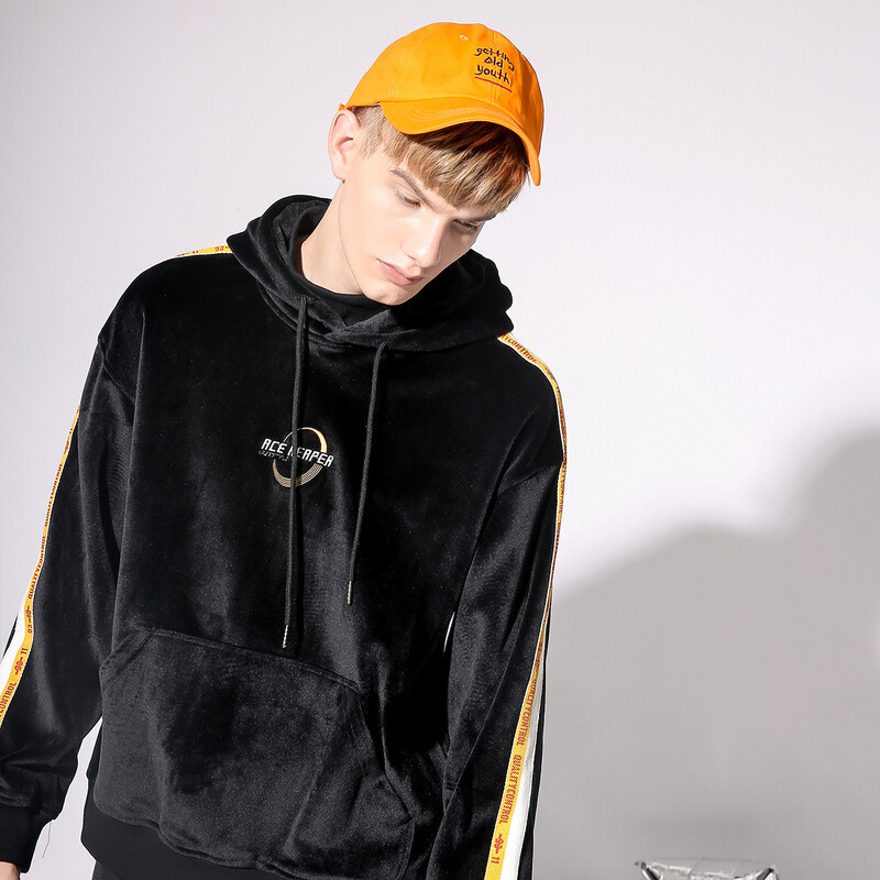 国潮百搭绒面带帽串标字母卫衣男秋季hiphop上衣潮流连帽套头衫