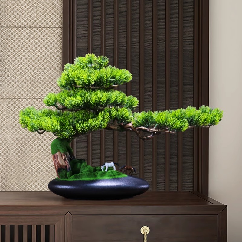 新中式迎客松摆件装饰品根雕造景 牧马迎客松-大美叶/盆高清大图