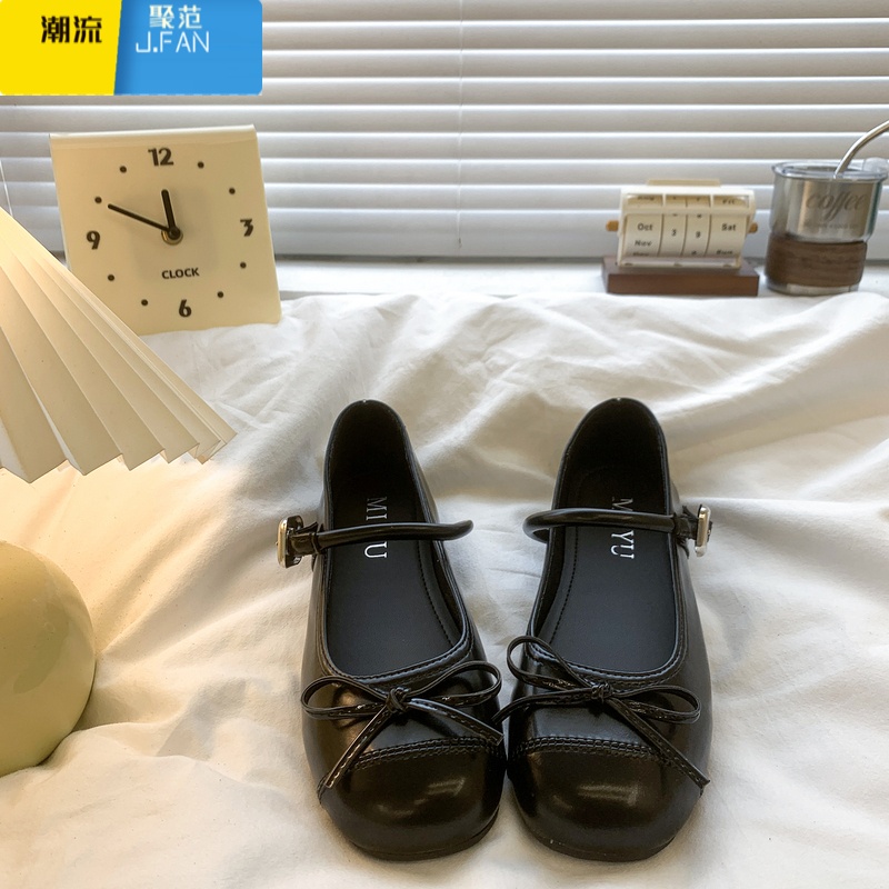聚范银色圆头低跟玛丽珍单鞋女2024新款夏季法式配裙子浅口小皮鞋平底 黑色 36