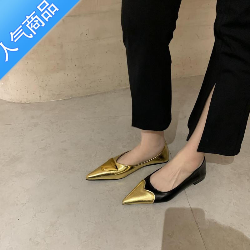 SUNTEK法式尖头平底鞋女2023春夏新款显瘦仙女风金色单鞋子方扣包头凉鞋