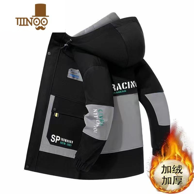 YANXU棉衣男新款加绒加厚外套韩版潮流男士羔绒连帽保暖防寒服 213黑灰加绒加厚 XL