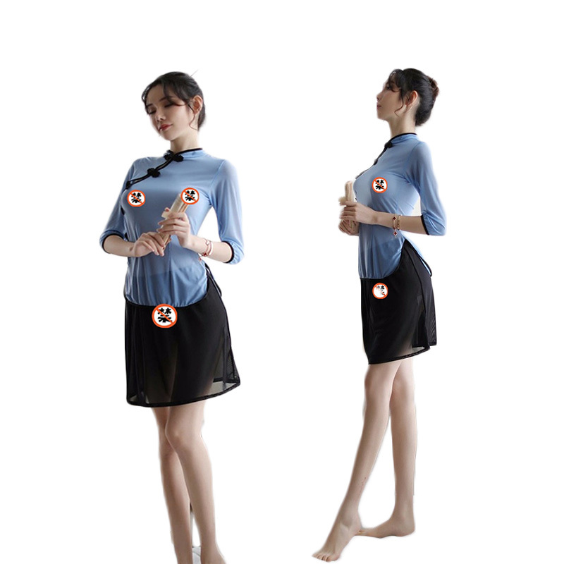 女士情趣内衣学生装古装旗袍吊带肚兜丁字内裤制服职业套装性感透明女式情趣睡衣透视诱惑三点破洞开档睡裙子长夜漫漫成人女性用品 学生套装三件套 均码
