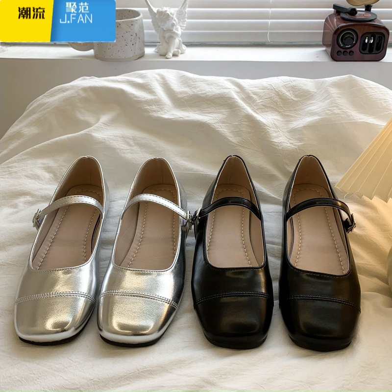 聚范方头浅口百搭平底银色玛丽珍单鞋女2024新款夏季法式配裙子小皮鞋高清大图