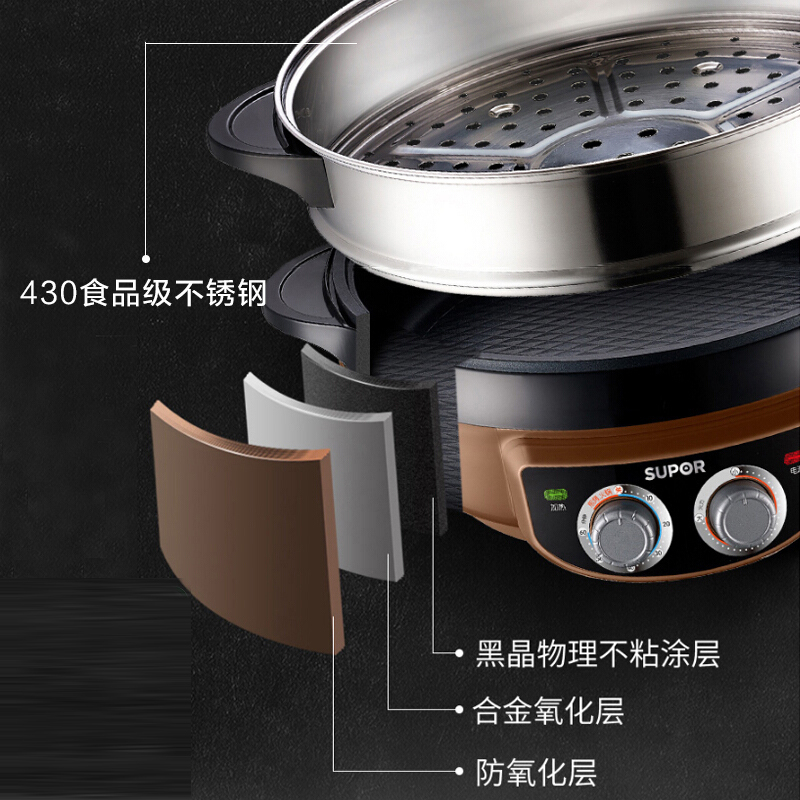苏泊尔(SUPOR)电蒸锅多功能家用6L大容量不粘电火锅34cm直径电煮锅电热锅煎烤机自动断电JJ34D802-180