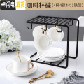 三维工匠欧式小描金边咖啡杯碟套装陶瓷家用下午茶具咖啡器具配杯架 纯白金线边4杯4碟4勺+铁架（礼盒装）
